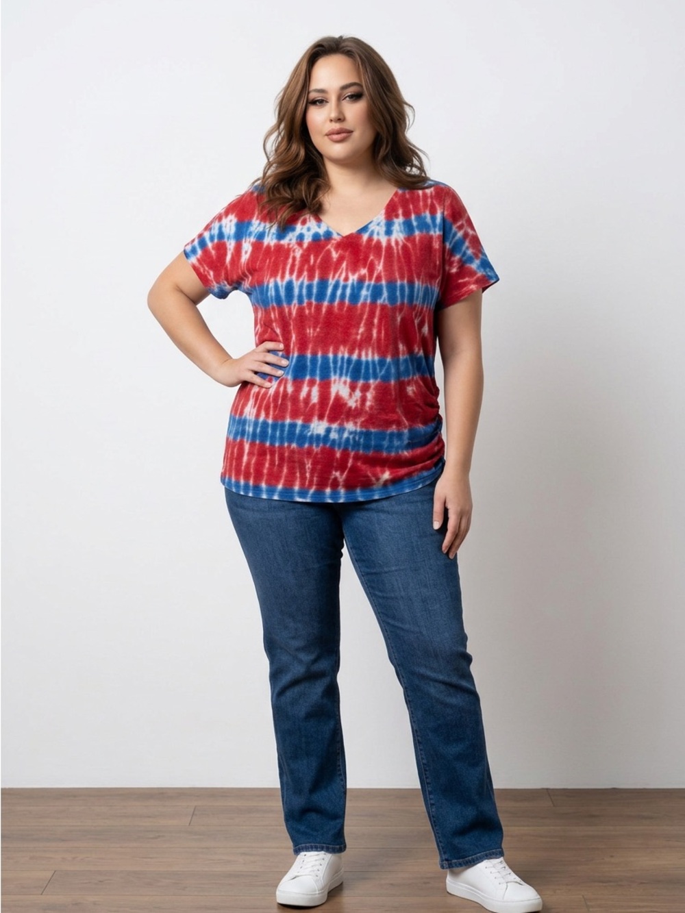 Lane Bryant Red & Blue Tie-Dye V-Neck Tee